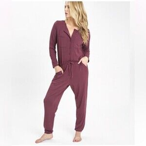 Lively Plum Long Sleeve Drawstring Waist V Neck Casual Jumpsuit Size Large
